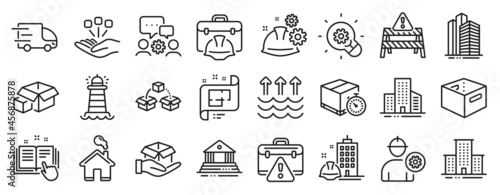 Set of Industrial icons, such as Truck delivery, Hold box, Lighthouse icons. Construction building, Court building, Delivery timer signs. Parcel shipping, Office box, Engineer. Buildings. Vector