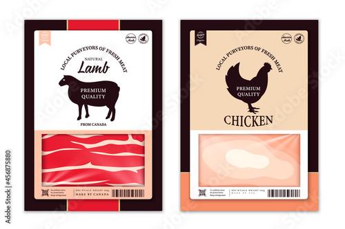 Vector butchery labels with farm animal silhouettes. Chicken and lamb icons and meat textures for groceries