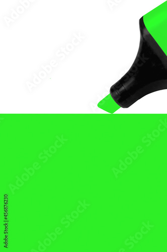 Bright electric fluorescent neon green felt tip pen marker highlighter painting large UFO background, isolated vertical blank empty copy space macro closeup © Brilt