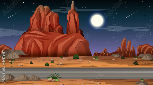 Desert forest landscape at night scene with long road