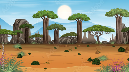 African Savanna forest landscape scene at day time