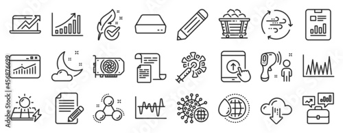 Set of Science icons, such as Stock analysis, Night weather, Website statistics icons. Graph chart, Wind energy, Coal trolley signs. Swipe up, Sales diagram, Mini pc. Line graph, Documents. Vector