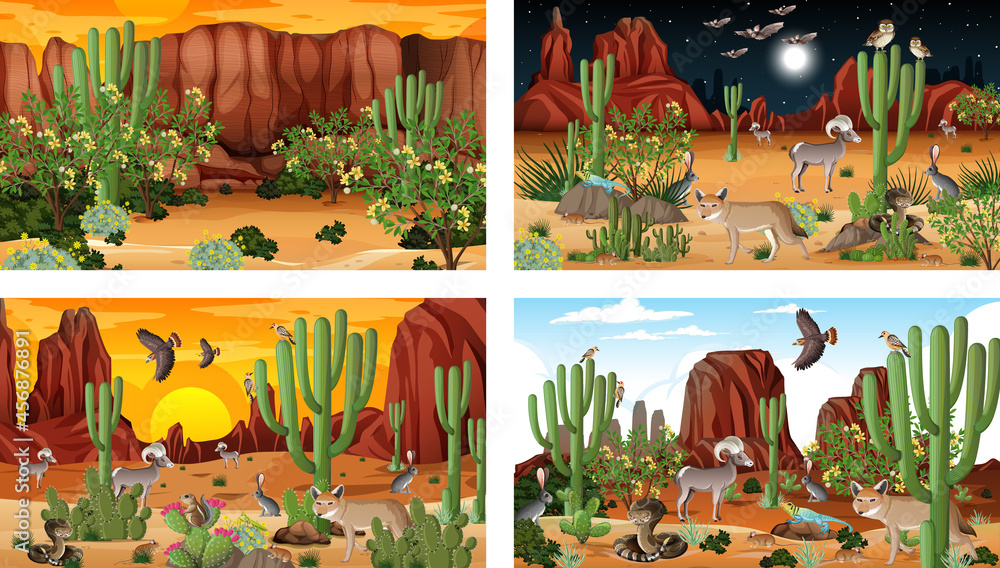 Different scenes with desert forest landscape with animals and plants Different scenes with desert forest landscape with animals and plants