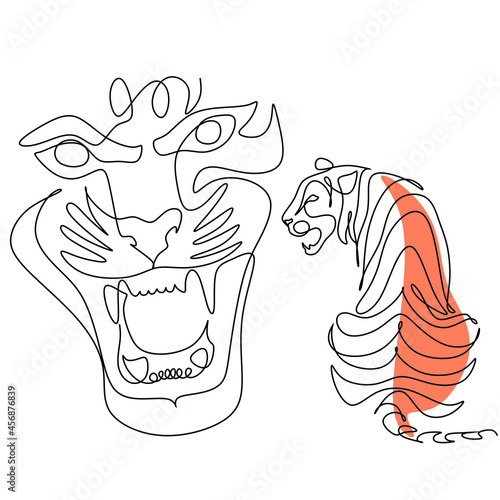 Tiger vector animal wild one line design. Chinese new year 2022 year of the tiger  line art