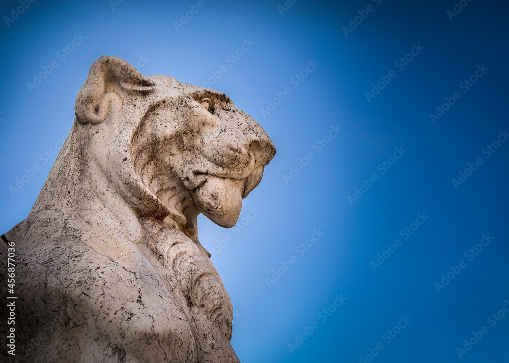 A view of the Winged lion  statue at the Altare della Patria (Altar of the Fatherland) in Piazza Venezia (Venice Square) in Rome, Italy