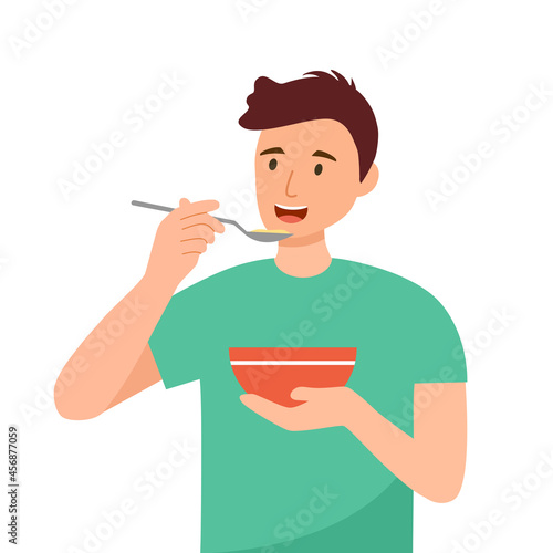 Man eating cereal or soup using spoon in flat design on white background. Asian breakfast or lunch meal.