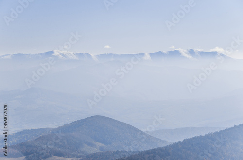 View of peaks of Borzhava ridge covered in white cloud