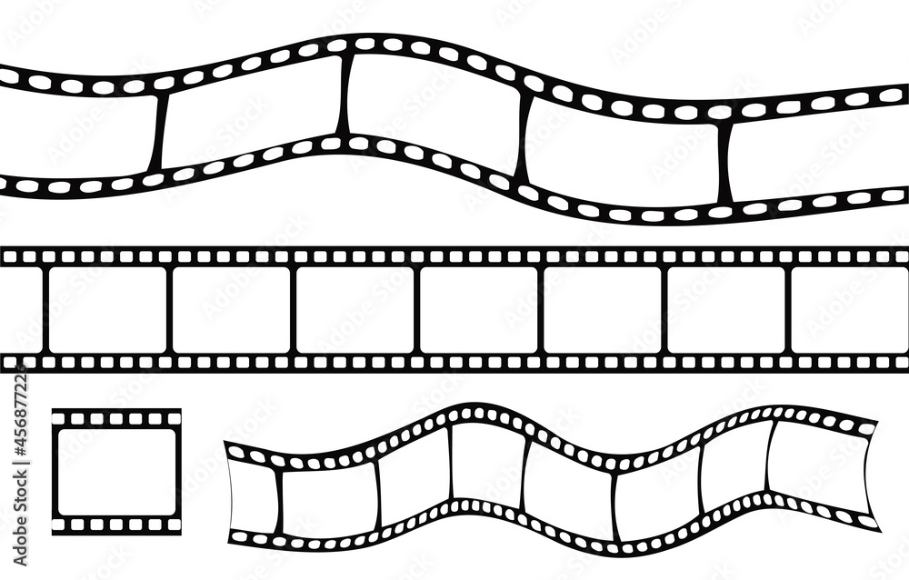 Set of film strip. Black and white images. Retro video recording, montage, broke. Graphic element for website. Old camcorder, back to 90s. Flat vector illustration isolated on white background