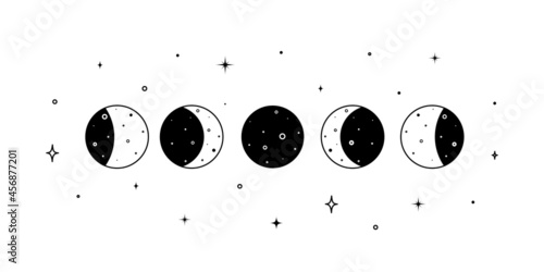 Set of Moon phases. Crescent, new, full, surface and eclipse. Astronomy cycle of satellite on the white background. Vector Illustration