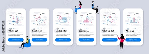 Science icons set. UI phone app screens with teamwork. Included icon as Organic product, Quick tips, Weather thermometer signs. Report timer, Sick man, Diagram graph line icons. Vector