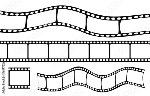 Set of film strip. Black and white images. Retro video recording, montage, broke. Graphic element for website. Old camcorder, back to 90s. Flat vector illustration isolated on white background