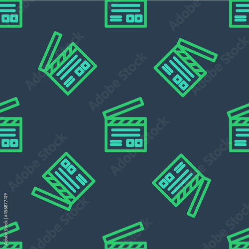 Line Movie clapper icon isolated seamless pattern on blue background. Film clapper board. Clapperboard sign. Cinema production or media industry. Vector