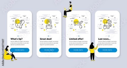 Vector Set of Healthcare icons related to Wash hands, Oculist doctor and Electronic thermometer icons. UI phone app screens with people. Mint bag line symbols. Vector