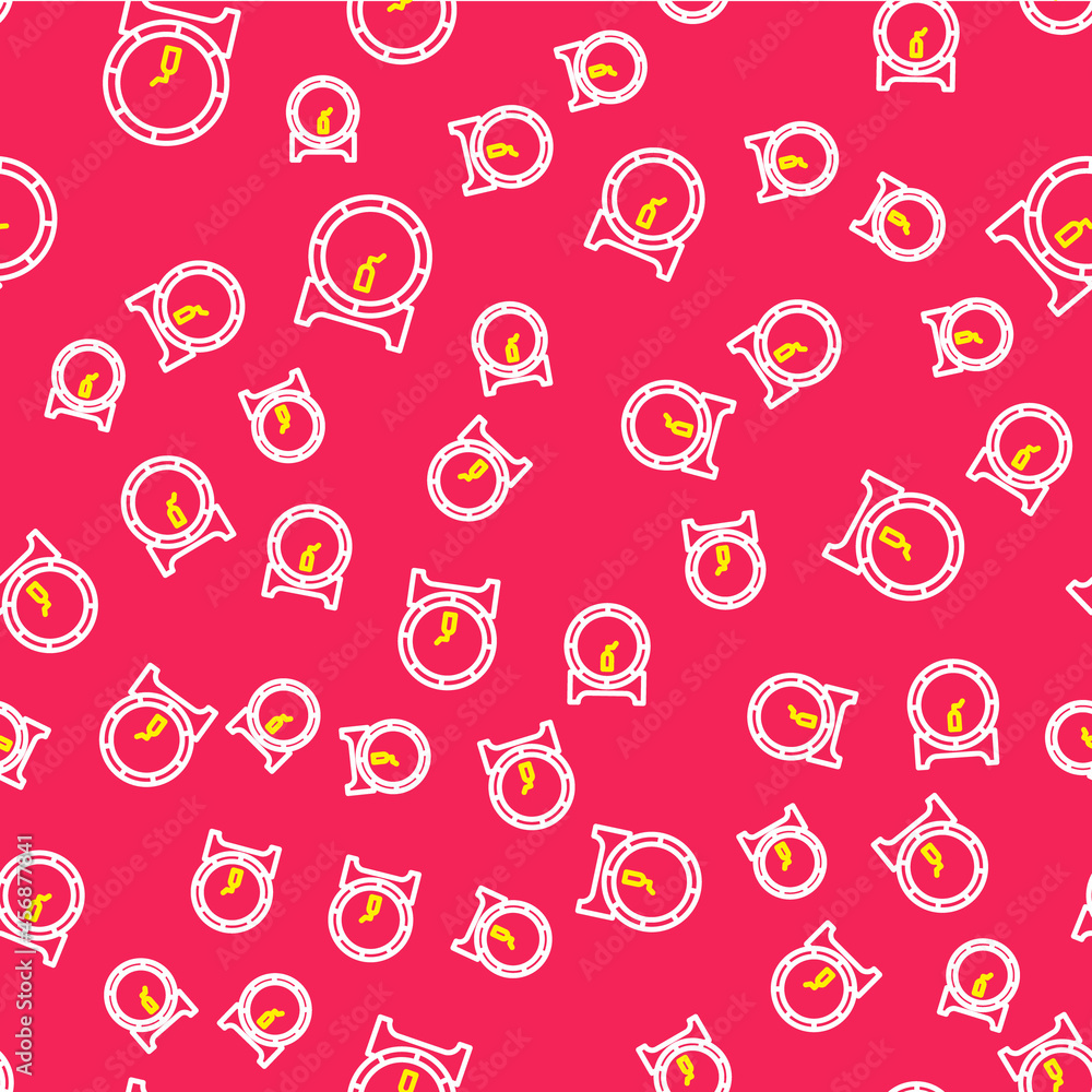 Line Wooden barrel on rack with stopcock icon isolated seamless pattern on red background. Vector Line Wooden barrel on rack with stopcock icon isolated seamless pattern on red background. Vector