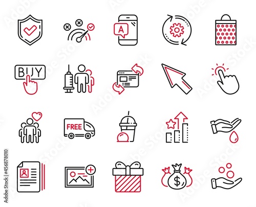 Vector Set of Business icons related to Donation money, Check investment and Refresh website icons. Surprise, Add photo and Touchpoint signs. Medical vaccination, Wash hands and Confirmed. Vector
