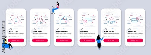 Set of Finance icons, such as Wallet, Loyalty program, Payment method icons. UI phone app screens with teamwork. Usd exchange, Hot sale, Cashback line symbols. Vector