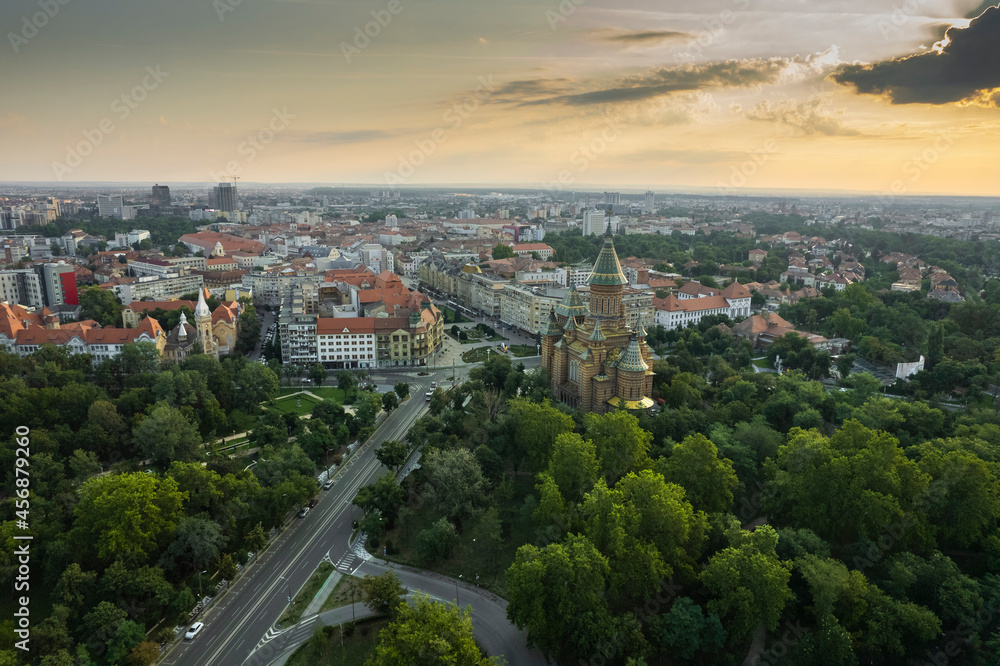 Timisoara Romania aerial drone view of cathedral and city center