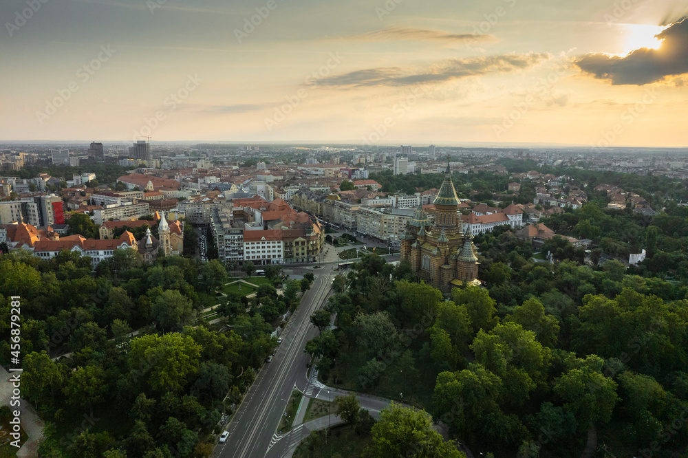 Timisoara Romania aerial drone view of cathedral and city center
