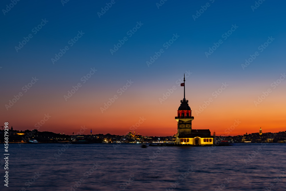 Sunset over Bosphorus with famous Maiden's Tower. Istanbul, Turkey