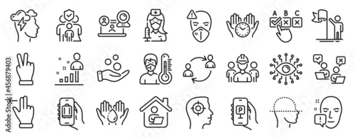 Set of People icons  such as Wash hands  Artificial intelligence  Video conference icons. Face scanning  Victory hand  Correct checkbox signs. Face attention  Mindfulness stress  Stats. Vector