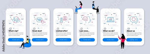 Education icons set. UI phone app screens with teamwork. Included icon as Teamwork process, Good mood, Startup signs. Online statistics, Quick tips, Recovery data line icons. Vector