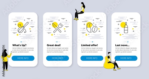 Set of Food and drink icons, such as Coffee beans, Cooking whisk, Food icons. UI phone app screens with people. Wine bottle line symbols. Roasted seeds, Cutlery, Cabernet sauvignon. Vector