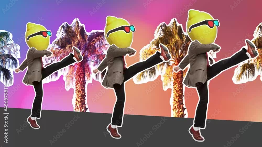 custom made wallpaper toronto digitalStop motion design or art 2D animation. Dancing businessman with lemon head. Fashion dance with color background. Funny man. Modern, conceptual, contemporary bright 4k collage. Summer time concept