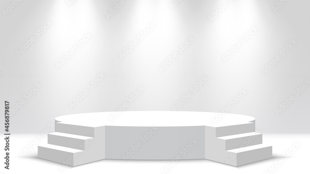White round podium with steps. Blank pedestal and spotlights. Stage. Vector illustration.