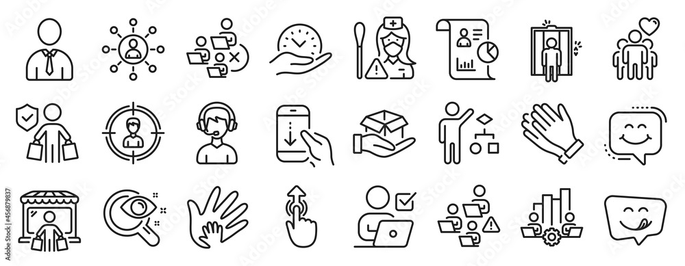 Set of People icons, such as Headhunting, Safe time, Social responsibility icons. Human, Hold box, Friendship signs. Clapping hands, Swipe up, Networking. Report, Teamwork chart, Nurse. Vector
