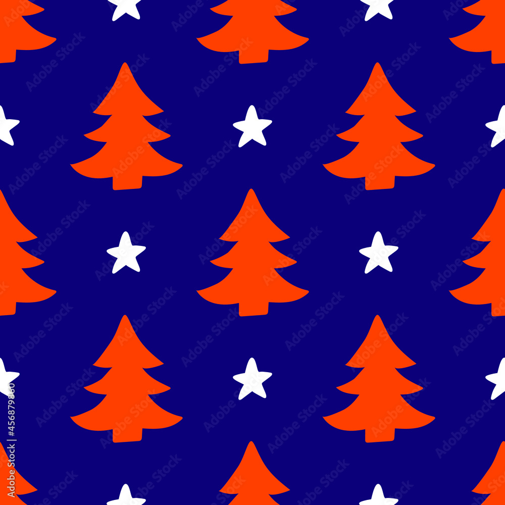 Christmas seamless pattern for greeting cards, wrapping papers. Hand drawn winter background from doodle Christmas trees and snowflakes. Abstract Christmas Tree Seamless Vector Patterns. 
