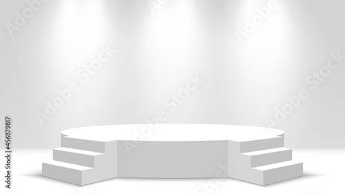 White round podium with steps. Blank pedestal and spotlights. Stage. Vector illustration.