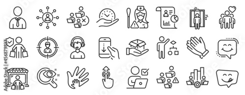 Set of People icons  such as Headhunting  Safe time  Social responsibility icons. Human  Hold box  Friendship signs. Clapping hands  Swipe up  Networking. Report  Teamwork chart  Nurse. Vector