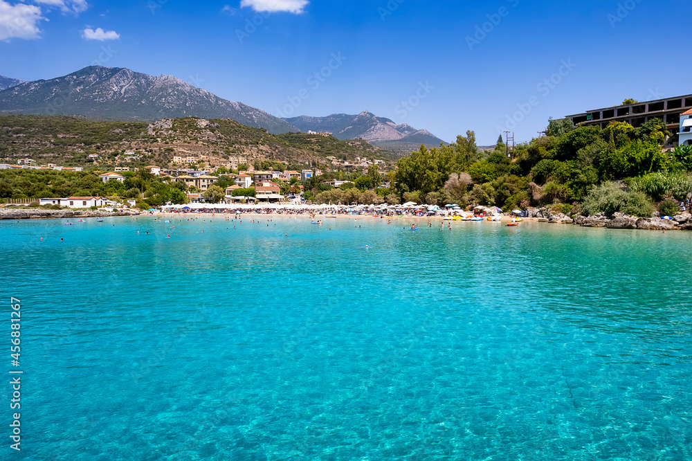 The beautiful, turquoise sea of Kalogira beach, Stoupa, Messenia, Greece, during summer time