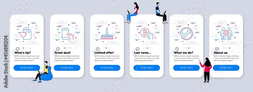 Line icons set. UI phone app screens with teamwork. Included icon as Hold smartphone, Love document, Bitcoin pay signs. Audit, Cleaning mop, Employees teamwork line icons. Vector