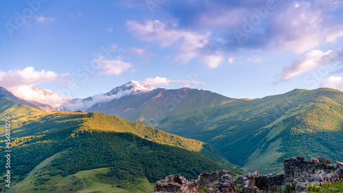 Mountains of North Ossetia, beautiful summer landscapes with blue sky and clouds. photo