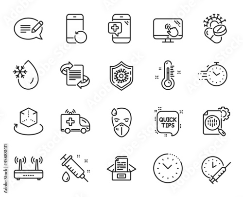 Vector set of Quick tips, Timer and Touch screen line icons set. Seo stats, Vaccination schedule and Medical syringe icons. Medical phone, Coronavirus pills and Ambulance car signs. Vector