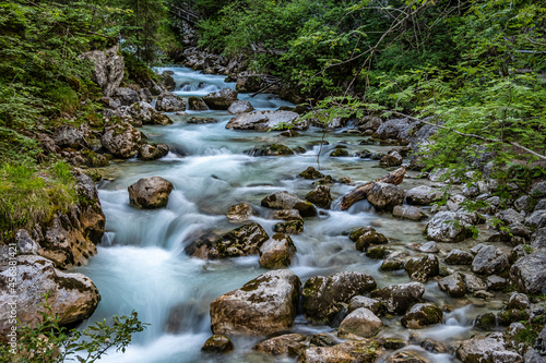 Magic Forest Zauberwald at Lake Hintersee with Creek Ramsauer Ache. National Park Berchtesgadener Land, Germany