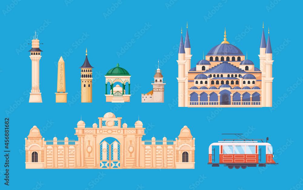 Turkey country buildings landmarks. Turkey vacation landmarks buildings, towers, blue Mosque, tram, Dolmabahce castle. Istanbul travel destinations.