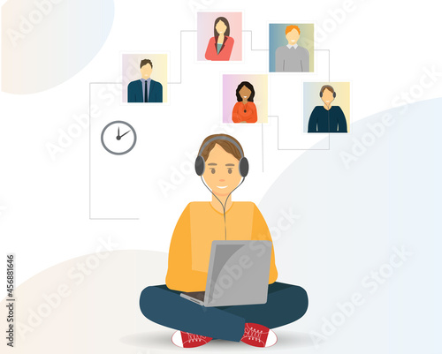 Young man, student, freelancer chatting with friends or colleagues on video call, freelance work concept, online education concept, flat vector illustration