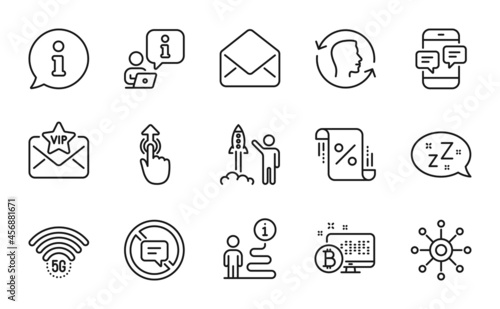 Technology icons set. Included icon as Face id, 5g wifi, Mail signs. Vip mail, Stop talking, Swipe up symbols. Launch project, Multichannel, Bitcoin system. Phone messages, Sleep. Vector