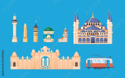 Turkey country buildings landmarks. Turkey vacation landmarks buildings, towers, blue Mosque, tram, Dolmabahce castle. Istanbul travel destinations. photo