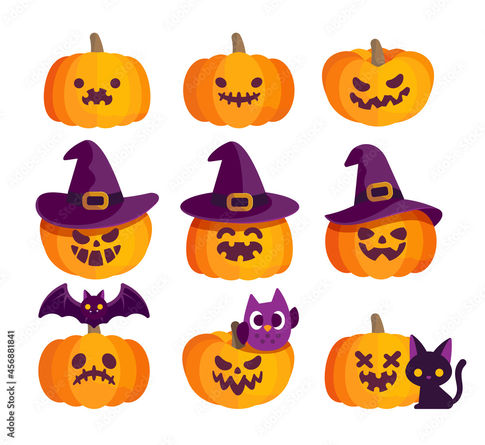 Set of funny Halloween pumpkins face decorated with witchcraft hat and horror bat,cat, owl vector illustration.Flat design icon. Set of funny Halloween pumpkins face decorated with witchcraft hat and horror bat,cat, owl vector illustration.Flat design icon.