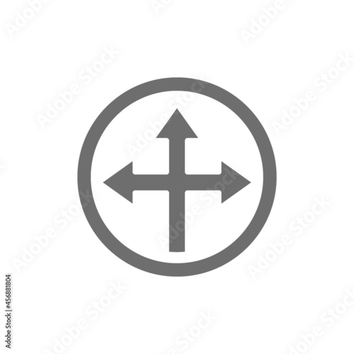 Arrow cross, three-way, different directional arrows symbol grey icon.