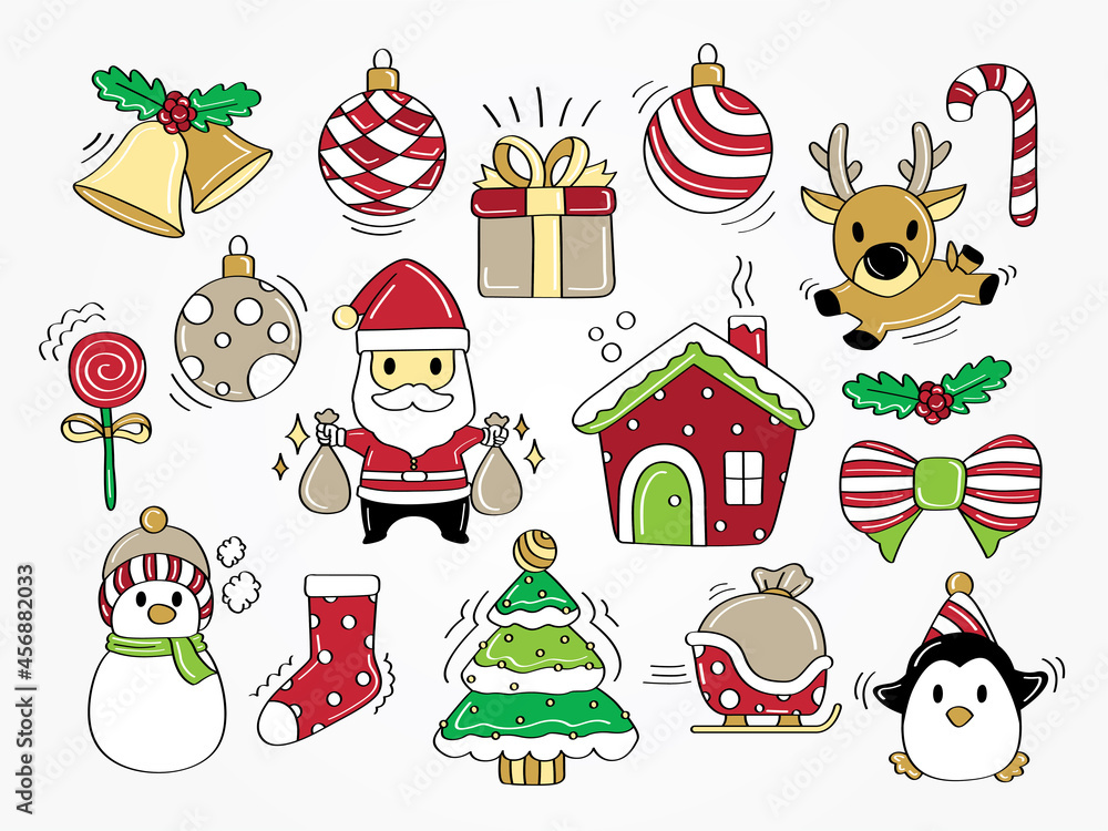 Cute and lively Christmas graphic element in doodle style vector set.