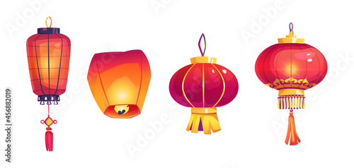 Chinese New Year lanterns isolated on white background. Vector different types of China red burning lamps symbols of happiness, prosperity and longevity. Asian spring festival interior decoration