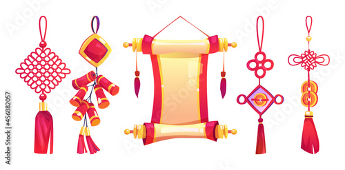 Chinese New Year hanging decor with tassels, scroll, firecracker isolated cartoon icons set. Vector decorative chinese parchment in red and gold color, endless knots and garlands of fireworks