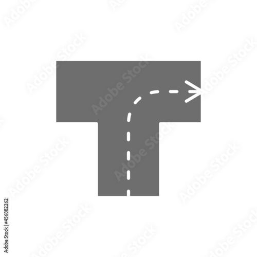 Road with direction, intersection, turn right grey icon.