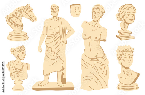 Statues of ancient Greece culture, gods and goddess bodies and face head portraits isolated icons set. Vector marble or gypsum sculptures, horse, man and woman monuments, vintage decorations