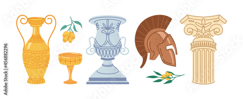 Antique Greek objects isolated flat cartoon icons set. Vector retro marble column, helmet and classic amphora, golden goblet and olives branch. Pillar landmark, greece and roman exhibition objects