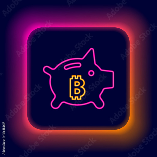 Glowing neon line Piggy bank bitcoin icon isolated on black background. Icon saving or accumulation of money, investment. Colorful outline concept. Vector